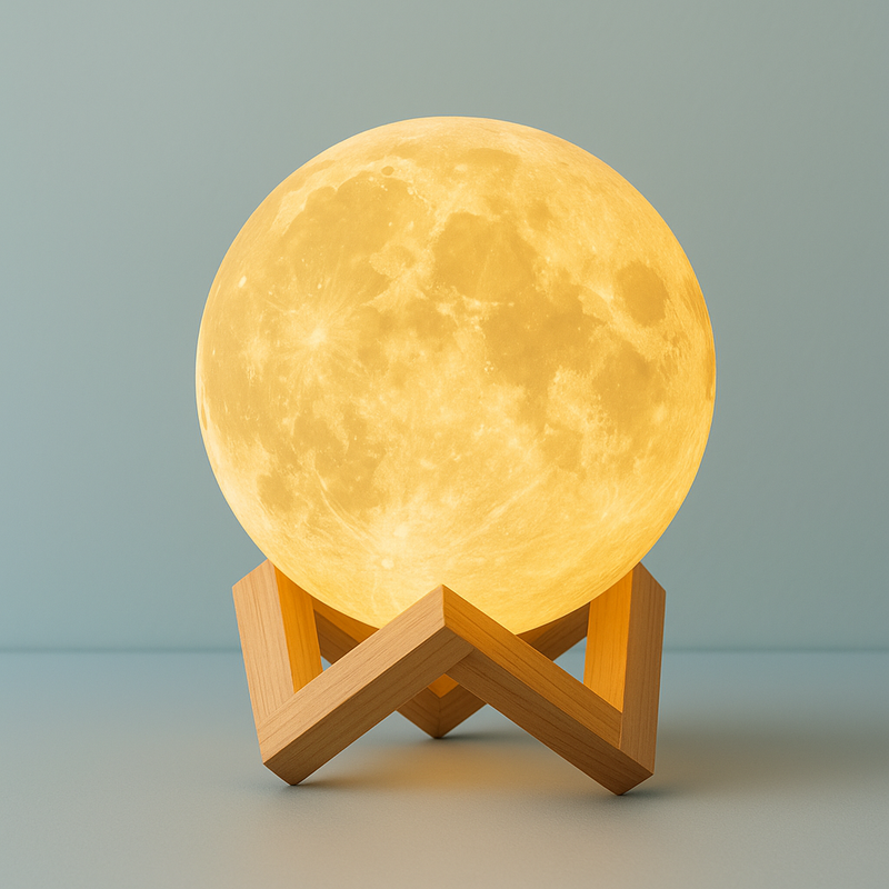 Luminária Lua 3D LED com Base de Madeira – Luz Noturna Decorativa para Quarto, Sala e Escritório