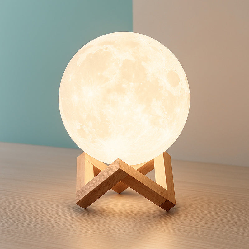 Luminária Lua 3D LED com Base de Madeira – Luz Noturna Decorativa para Quarto, Sala e Escritório