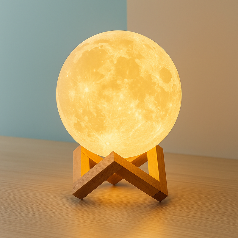 Luminária Lua 3D LED com Base de Madeira – Luz Noturna Decorativa para Quarto, Sala e Escritório