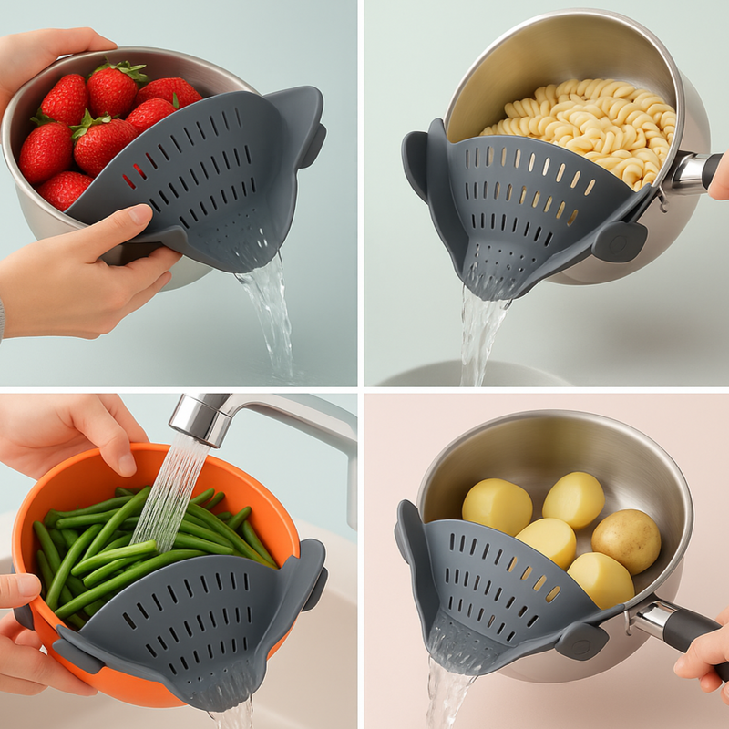 Escorredor de Silicone Ajustável com Presilha – Para Panelas, Tigelas e Frigideiras