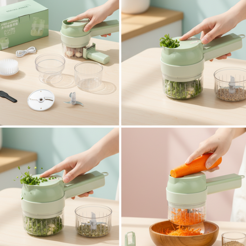 Processador Elétrico USB 4 em 1 – Cortador de Legumes, Triturador de Alho e Moedor de Carne Portátil