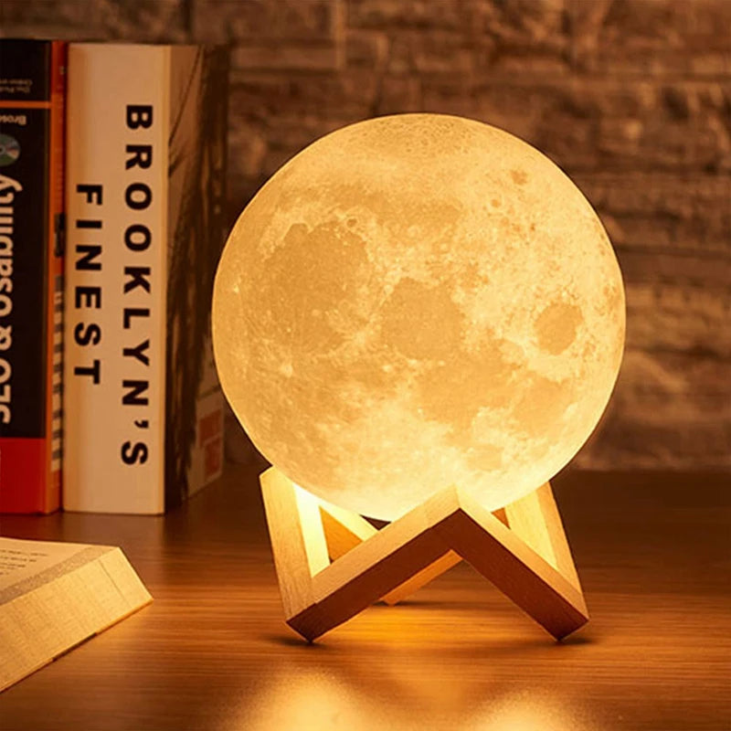 Luminária Lua 3D LED com Base de Madeira – Luz Noturna Decorativa para Quarto, Sala e Escritório.