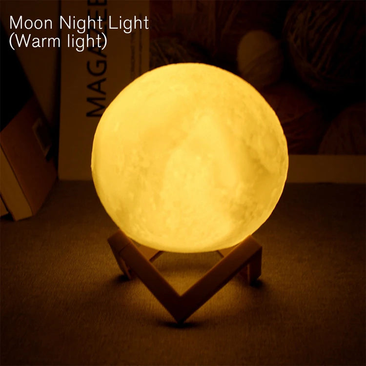 Luminária Lua 3D LED com Base de Madeira – Luz Noturna Decorativa para Quarto, Sala e Escritório.