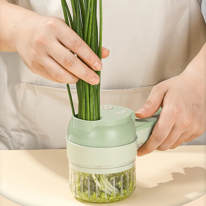 Processador Elétrico USB 4 em 1 – Cortador de Legumes, Triturador de Alho e Moedor de Carne Portátil