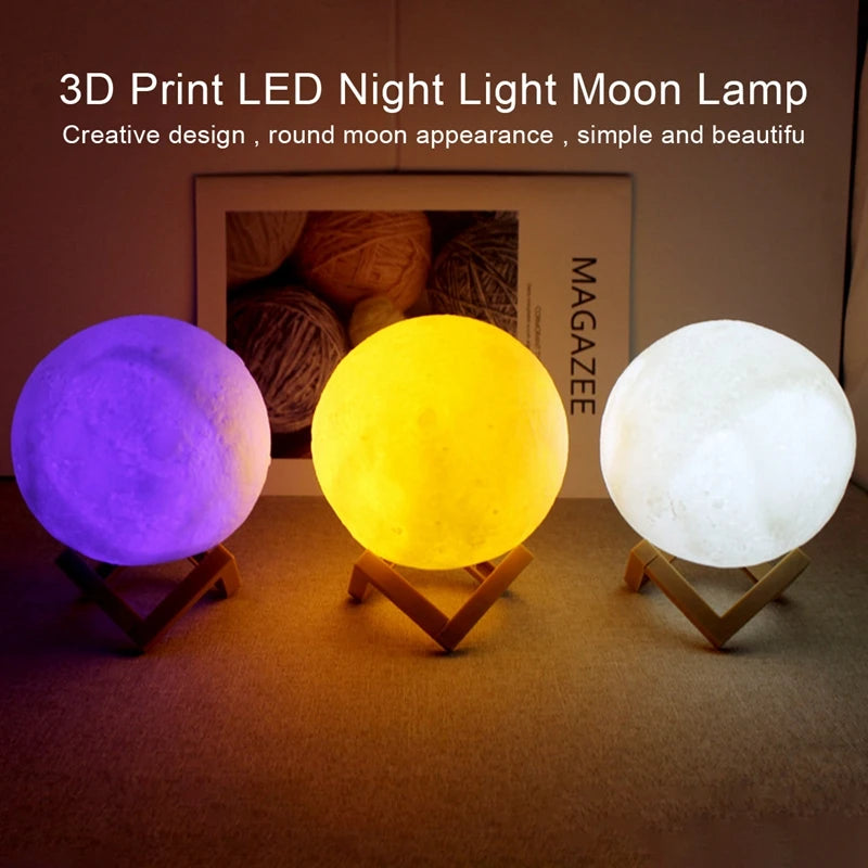 Luminária Lua 3D LED com Base de Madeira – Luz Noturna Decorativa para Quarto, Sala e Escritório.
