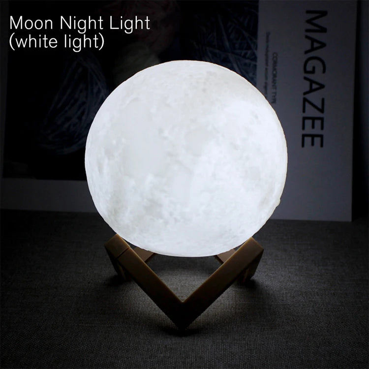 Luminária Lua 3D LED com Base de Madeira – Luz Noturna Decorativa para Quarto, Sala e Escritório.