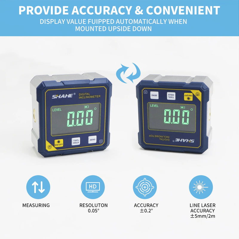 Medidor de Ângulo Digital SHAHE com Laser Duplo – Inclinômetro Magnético 4 Lados Recarregável para Nivelamento