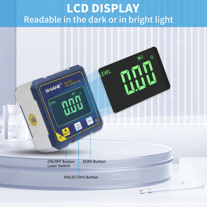 Medidor de Ângulo Digital SHAHE com Laser Duplo – Inclinômetro Magnético 4 Lados Recarregável para Nivelamento