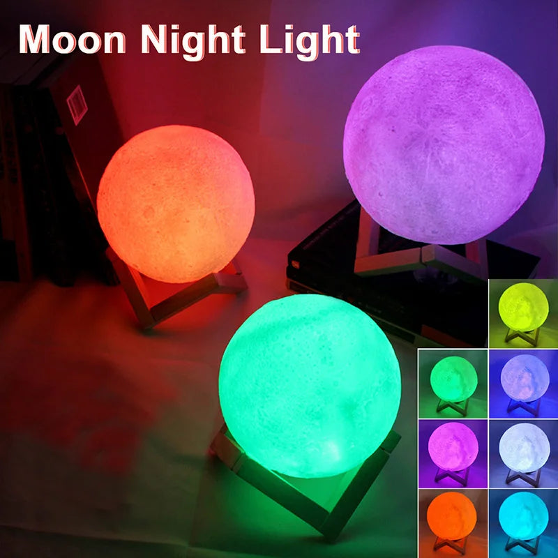Luminária Lua 3D LED com Base de Madeira – Luz Noturna Decorativa para Quarto, Sala e Escritório.