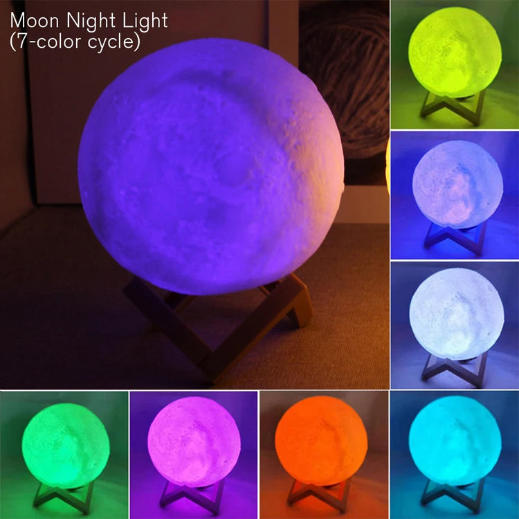 Luminária Lua 3D LED com Base de Madeira – Luz Noturna Decorativa para Quarto, Sala e Escritório.