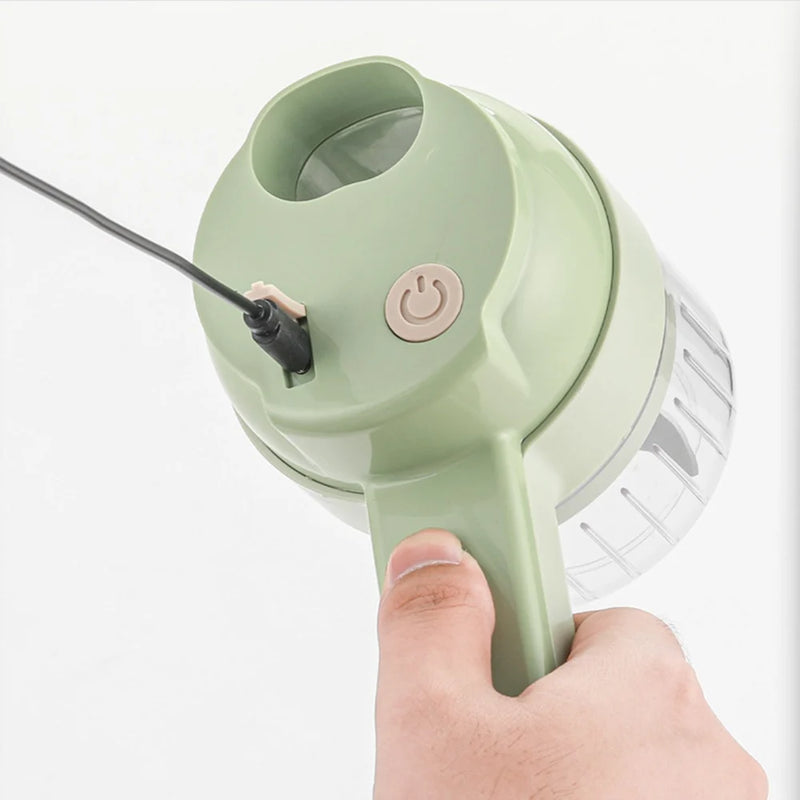Processador Elétrico USB 4 em 1 – Cortador de Legumes, Triturador de Alho e Moedor de Carne Portátil