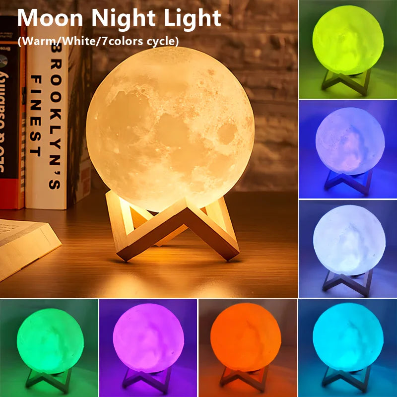 Luminária Lua 3D LED com Base de Madeira – Luz Noturna Decorativa para Quarto, Sala e Escritório.