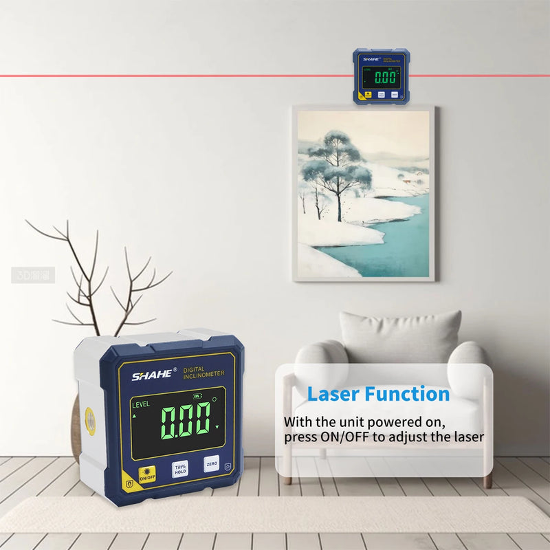 Medidor de Ângulo Digital SHAHE com Laser Duplo – Inclinômetro Magnético 4 Lados Recarregável para Nivelamento